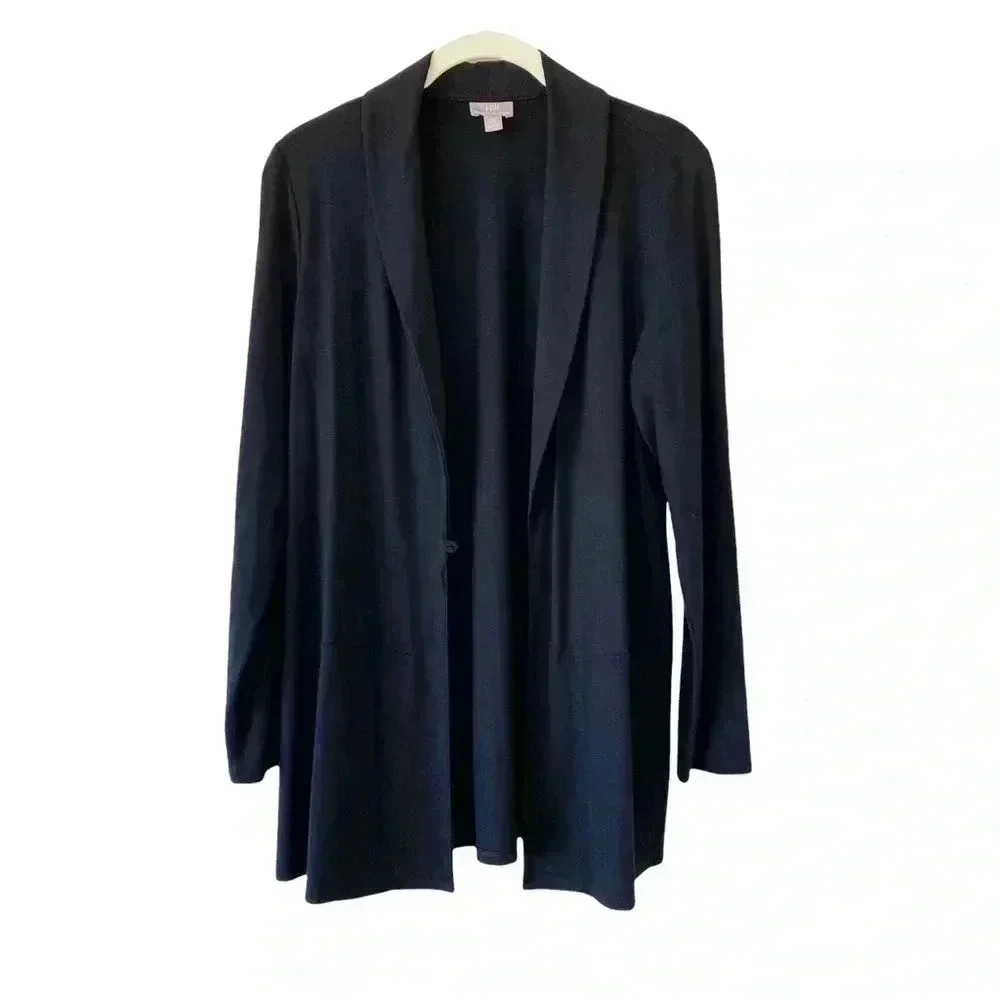 J. Jill Black Open Front Cardigan Medium Petite Shawl Collar Long Line Long Slee